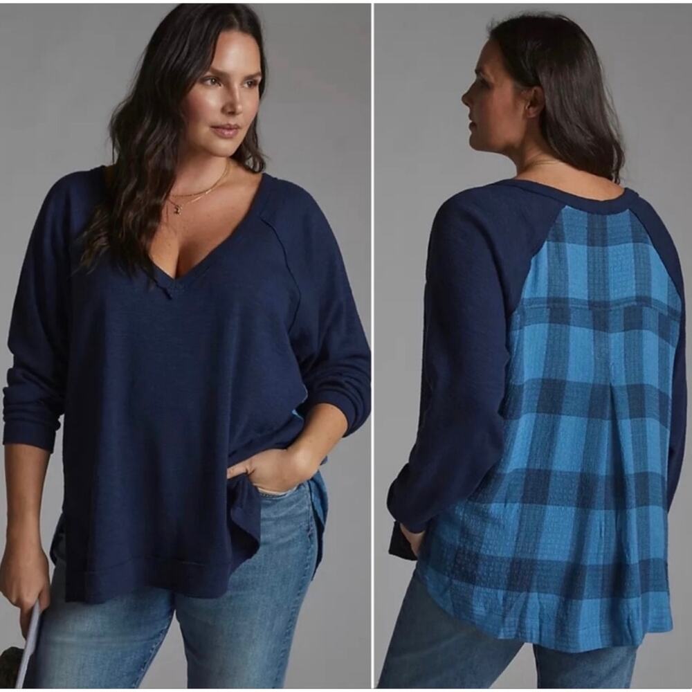 Anthropologie Pilcro V-Neck‎ Top Hi-Low Medium Contrasting Blue Buffalo Plaid M